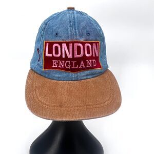 'London England' Sampson Denim Hat Cotton Strapback VTG 2 Tone 90s